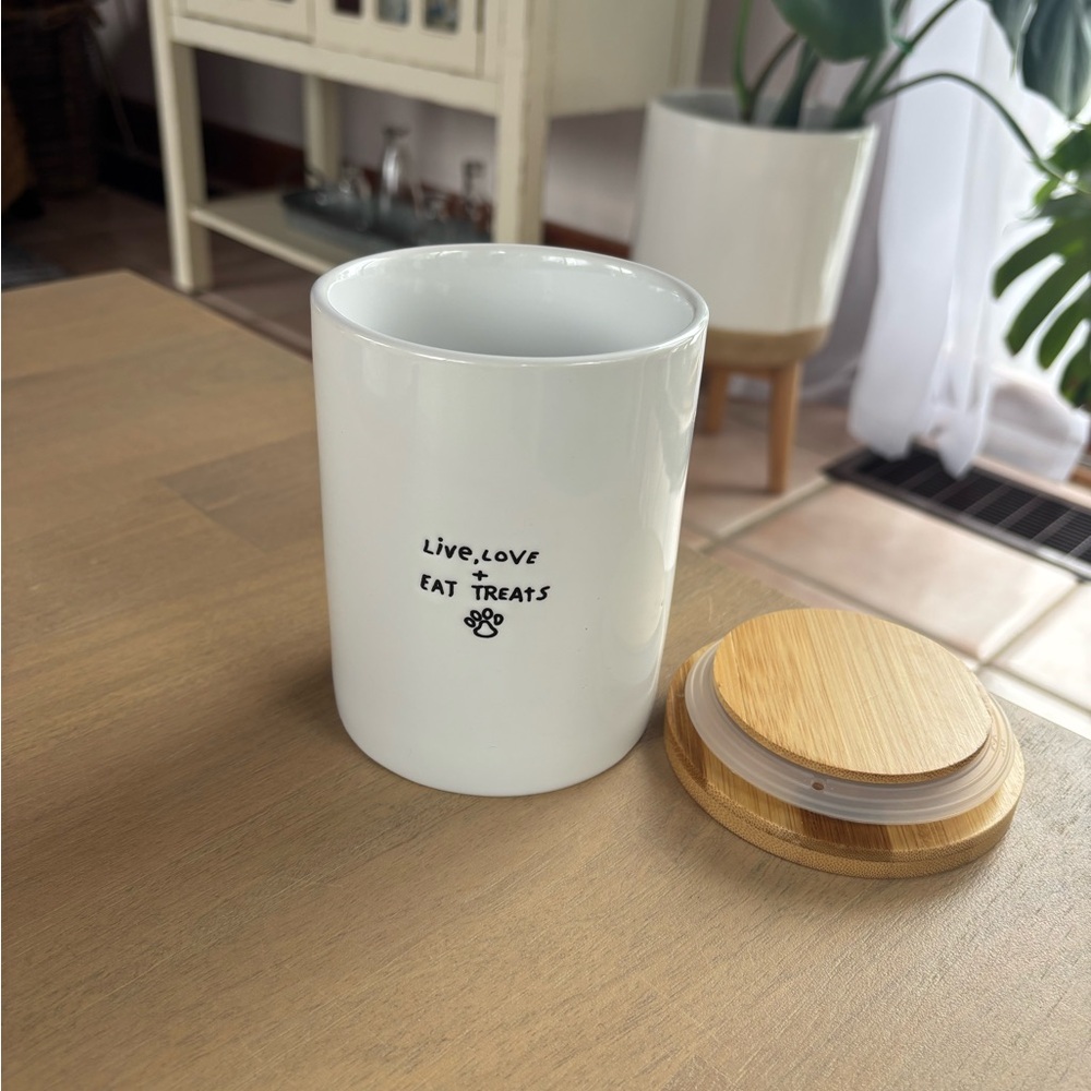 White Ceramic Treat Canister with Bamboo Lid - 'Live, Love + Eat Treats' - Picture 5 of 6